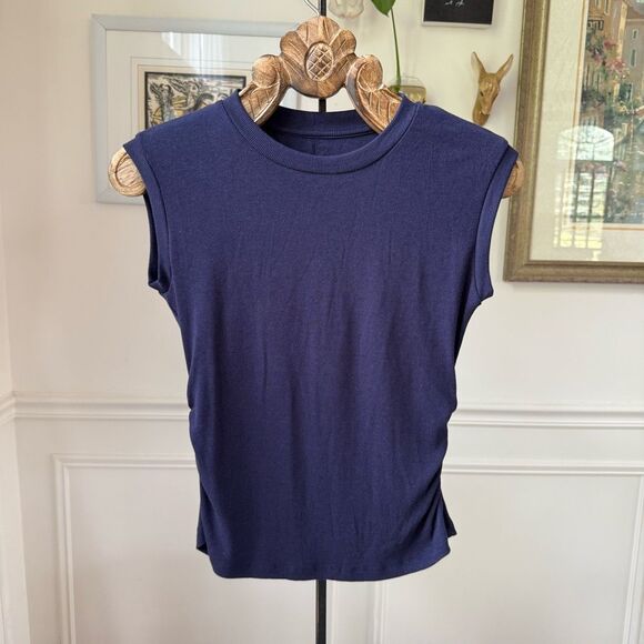 OGL Move Dark Blue Ribbed Crewneck Cap Sleeve Top L - Picture 1 of 5